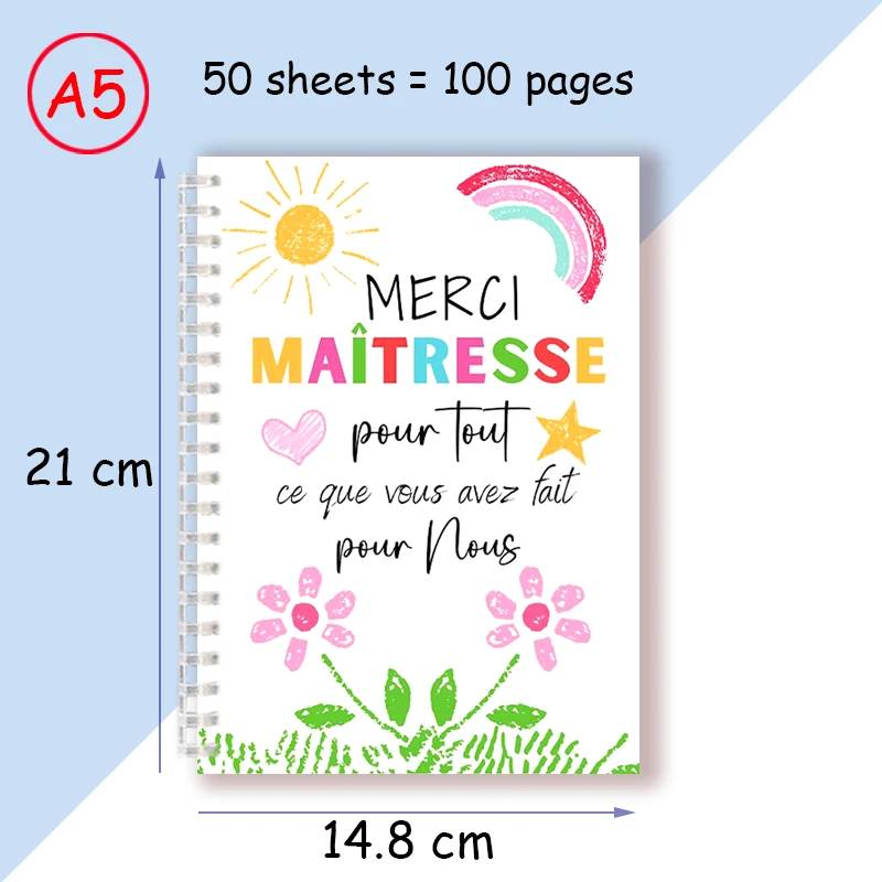 A5 Spiral Notebook Merci Maitresse French Letter Word Teacher\'s Day Gift Thank You Super Atsem Maîtresse For Writing Note Book