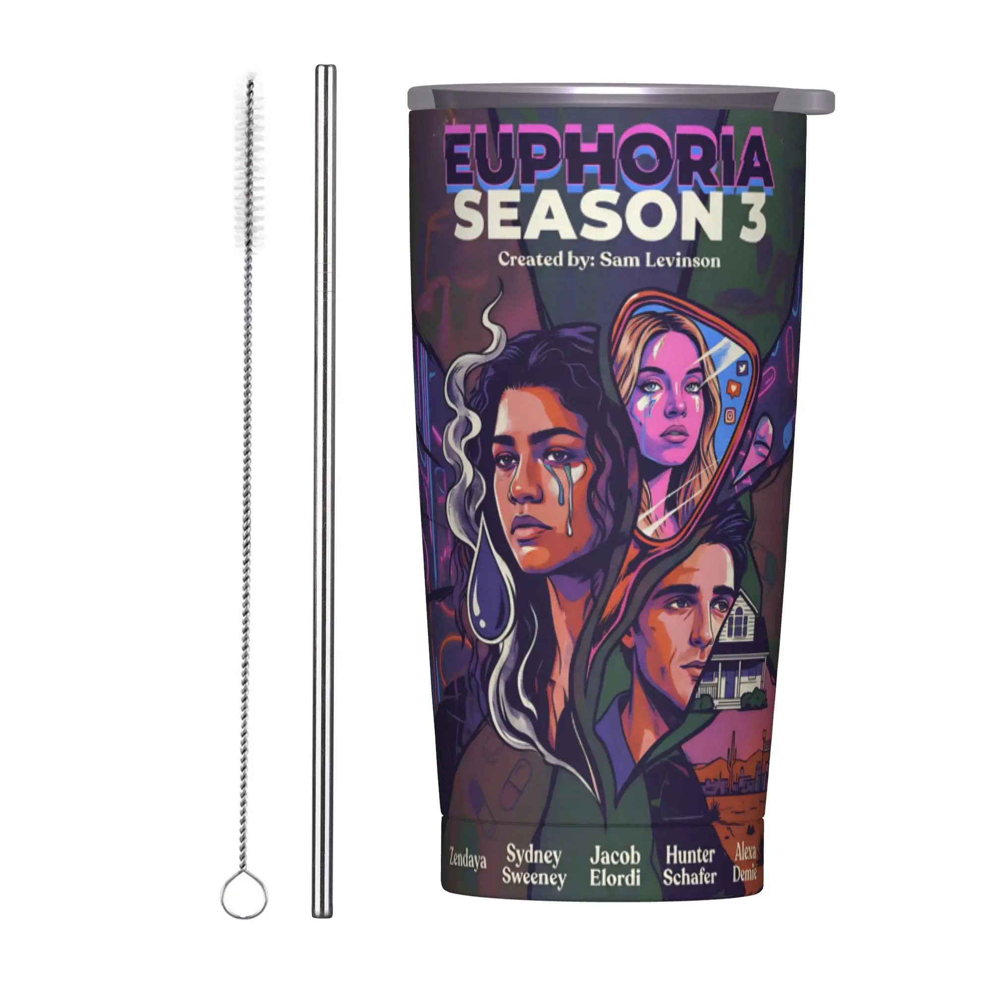 Euphorias Saison 3 – Gobelet isotherme avec couvercle – Tasse thermique sous vide à double paroi pour voiture – 20 oz