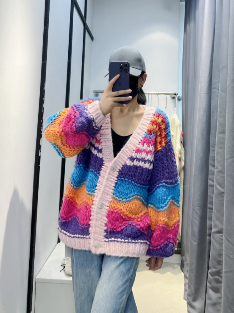 Women Handmade Chunky Multi Cardigan 2024 Thick Knitwear Women Jumper Sweater Winter Outwear Niche Design