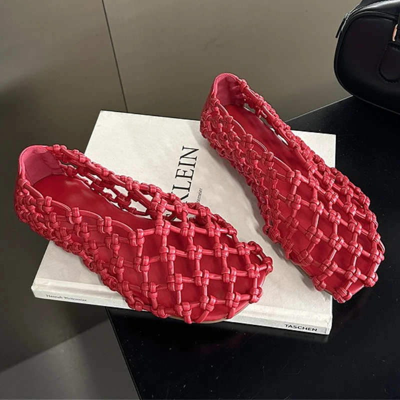 

Плетеные сетчатые сандалии на плоской подошве, женская повседневная обувь с круглым носком, женская нескользящая модная летняя брендовая дизайнерская пляжная обувь, женская обувь