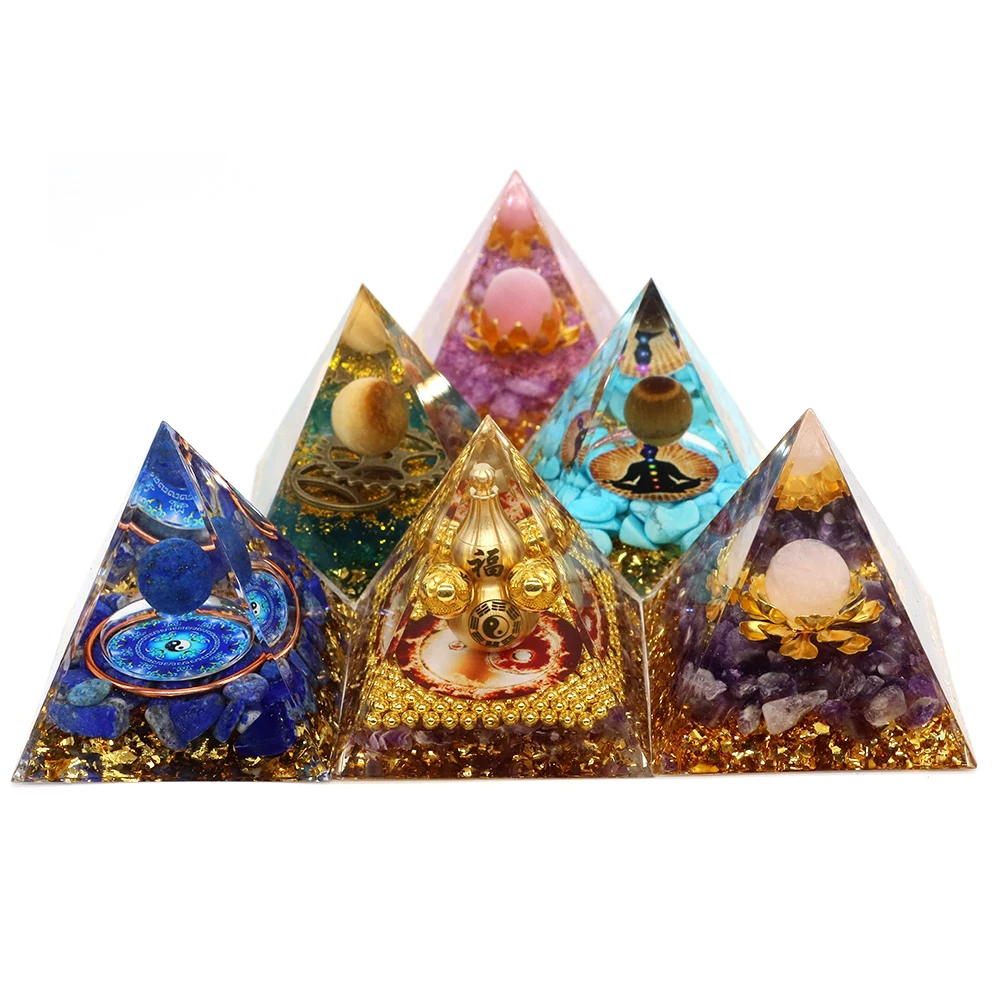 Natural Crystal Gemstone Energy Generator Orgonite Resin Pyramid Healing Reiki Chakra Meditation Ornaments Crafts Room Decoratio