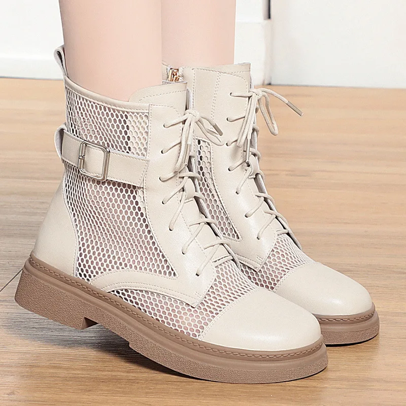 Spring Fashion Women Summer Mesh Lace-up Short Ankle Boots Versatile Casual Breathable Hollow Boots Platform Thin Shoes Grace