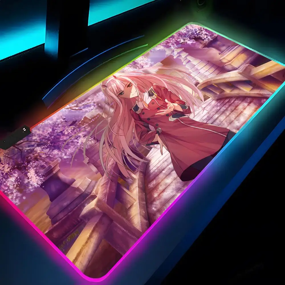 Anime Mouse Pad para Meninas, Teclado Gamer, Desk Mat, Gaming Mousepad, Mesa Backlit, Teclado, Almofadas de Mesa, Zero Dois, RGB, XXL, XL