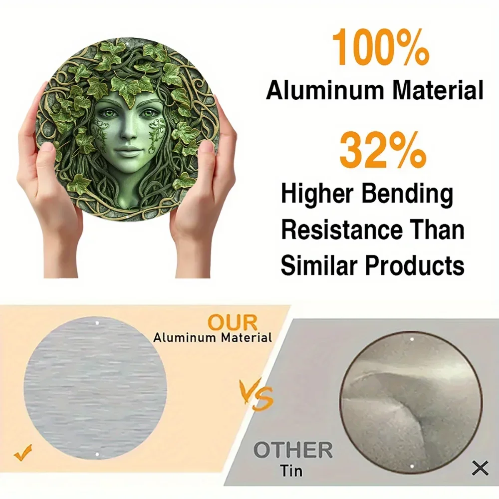 لافتة معدنية مستديرة من الألومنيوم ثنائية الأبعاد، ديكور على شكل وجه امرأة على شكل شجرة خضراء، لافتة إكليل دائرية مسطحة، مناسبة لعيد الهالوين #5