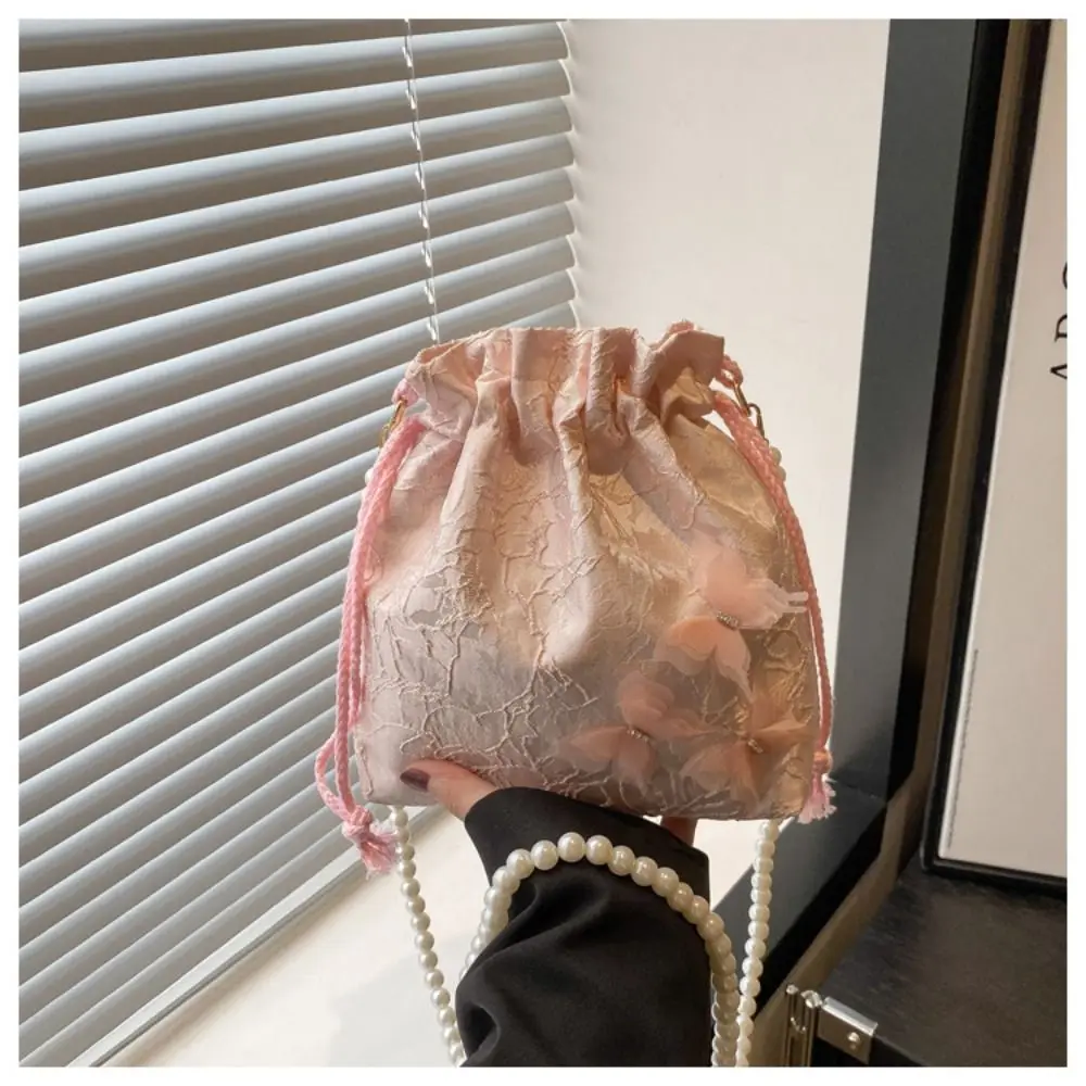 

Lace Embroidery Drawstring Bucket Bag Flower Butterfly Pearl Chain Crossbody Bag Storage Bag Ancient Style Hanfu Shoulder Bag