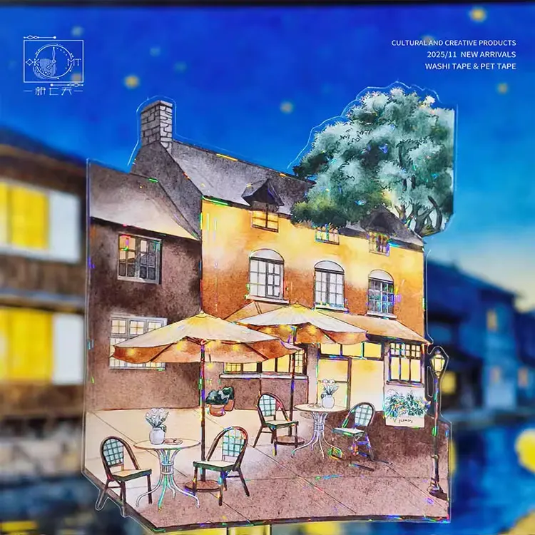 

1 Loop Washi Pet Tape Sample - OKMT Urban Night Scene Shiny Die Cut Collage Scrapbooking Journal