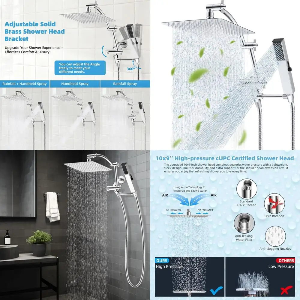 

Душевая система 10 в 1: ручной душ высокого давления с 4 режимами распыления, 16-дюймовый удлинитель, шланг 71 дюйм, держатель, хромированная отделка