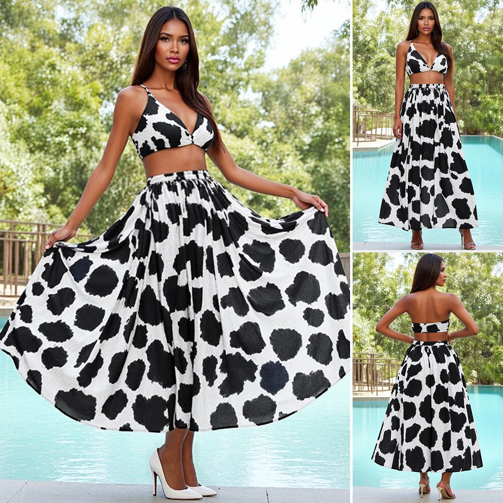 

Mia Muse Boutique Summer Fitting Slim Side High Waist Midi Beach Style Sets For Women Slit Dot Sleeveless Sweetheart Neck