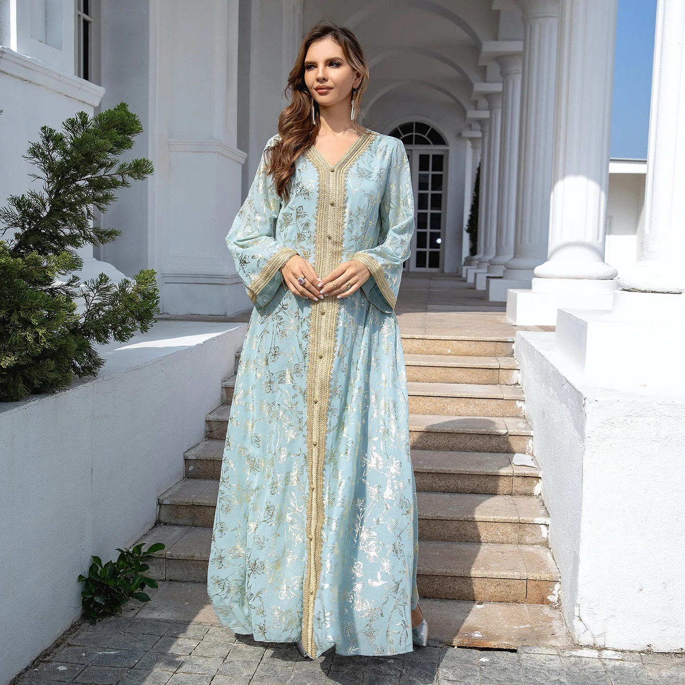 

Loose Evening Dr Women's Clothing Cross-Border Printed Waist Belted Gown Ethnic Stage Costume Autumn 2024 New Arrival