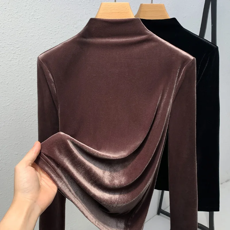 Semi Turtleneck Long Sleeve Velvet T-shirts Autumn Winter Warm Keep Basic Tops