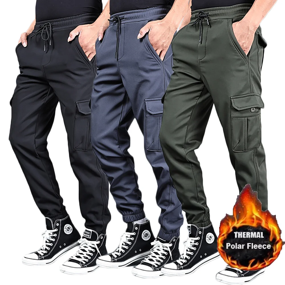 

Warm Fleece Jogger Pants Men Work Cargo Trousers Winter Multi-Pocket Straight Thicken Sweatpants Trendy High Street Jogger Pants