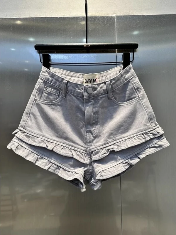 

Trendy Brand Summer New Light Grey Double Layer Wood Grain Slimming A-Line Shorts Spicy Girl Wide Leg Hot Pants