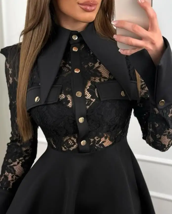 

Womens Dresses 2025 New Turn-Down Collar Button Front Lace Patchwork Mini Dress Casual Flap Detail Cinched Waist A Line Dress