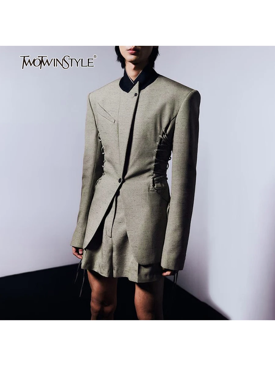 

TWOTWINSTYLE Slimming Spliced Lace Up Fashion Jackets for Women Stand Neck Long Sleeves Temperament Jacket Female Clothing New