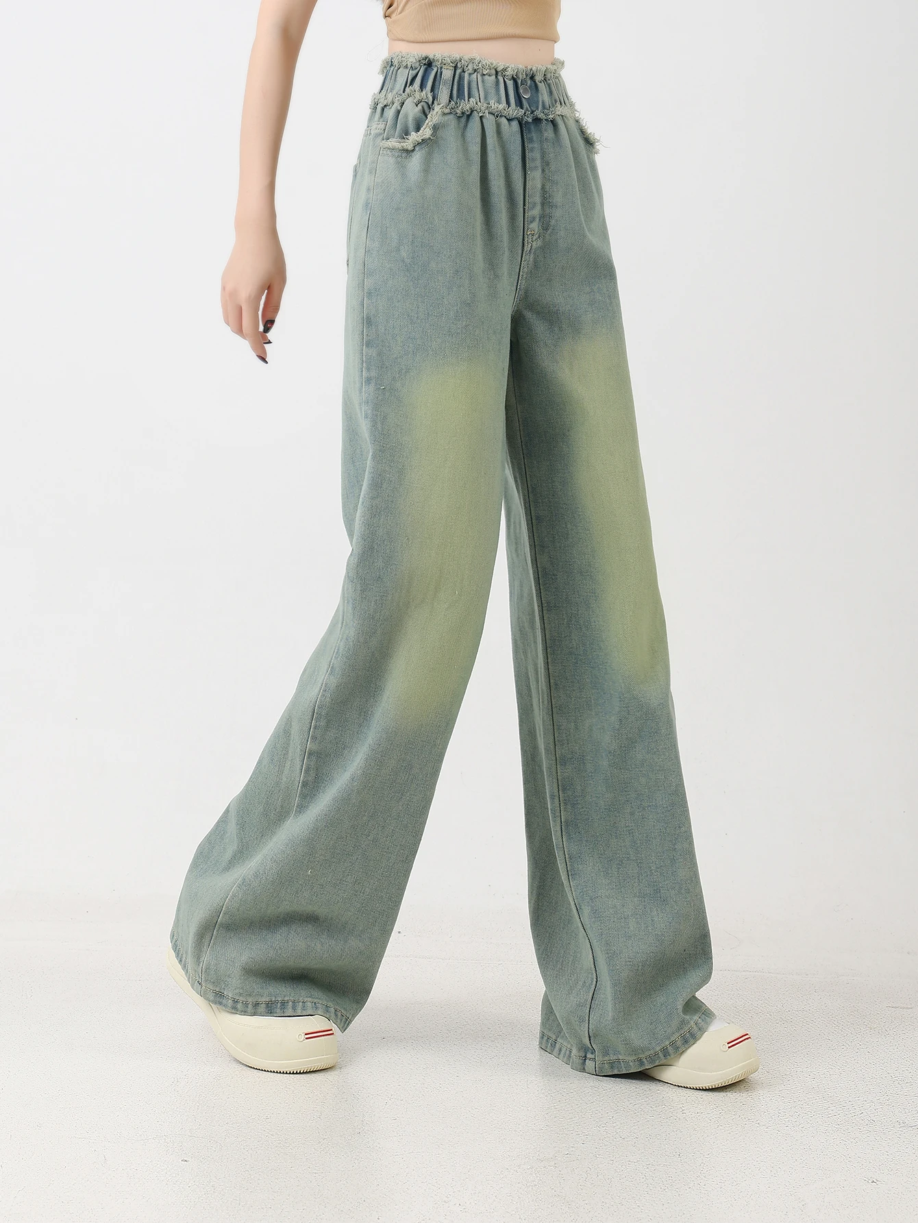 

Vintage Washed Wide Leg Jeans for Girls - Loose Fit Straight Denim Pants with Preppy Style