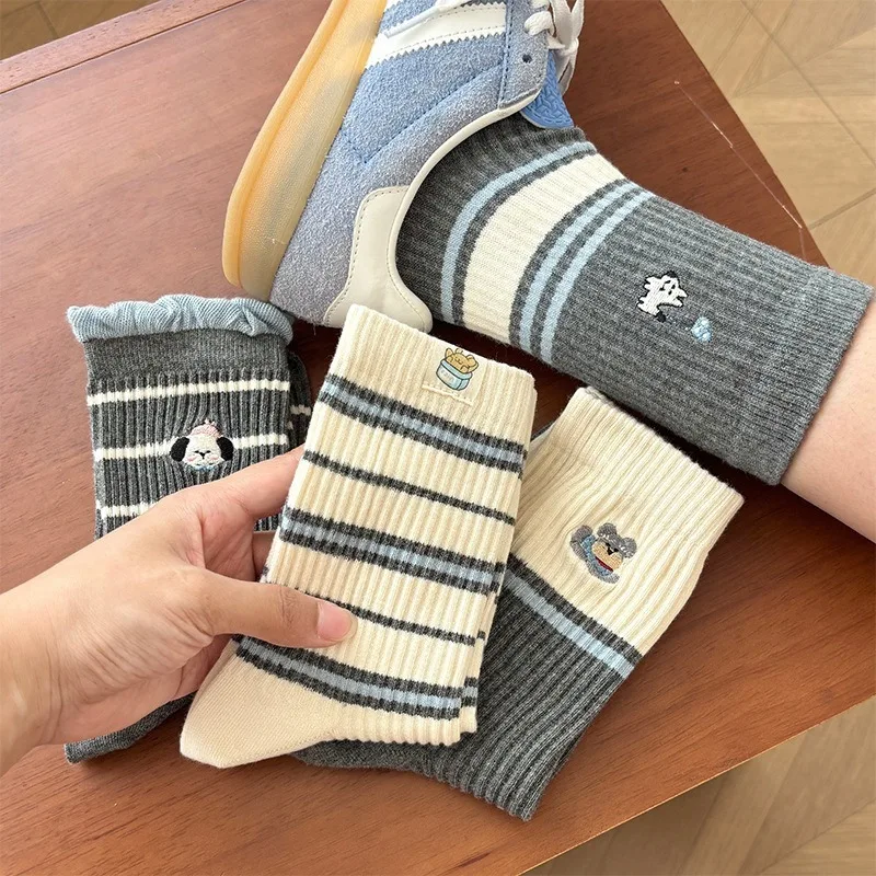 5 Pairs Autumn Winter Cotton Socks Gray Striped Women's Mid-Calf Coquette Socks College Style Knee-High Warm Socks High Quality