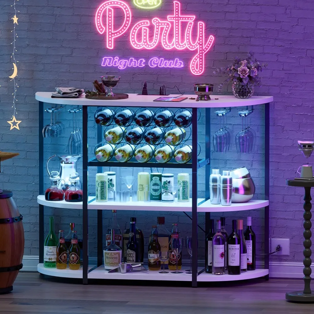 

Wine Cabinet with Lighting and Electrical Outlets, Four-tier Storage Space, Freestanding Wine Rack, Customizable