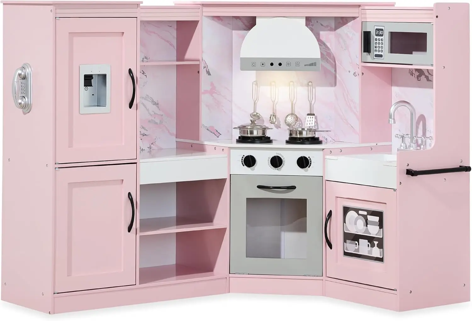 Pretend Play Corner Kitchen, Ultimate Interactive Wooden Kids Playset W/Lights & Sounds, Ice Maker, Hood - Pink