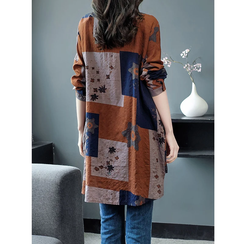 Frauen Kleidung Koreanische Vintage Print Baumwolle Leinen Einreiher Hemd Herbst Lange Hülse Lose Bluse Y2K Streetwear Tunika Tops