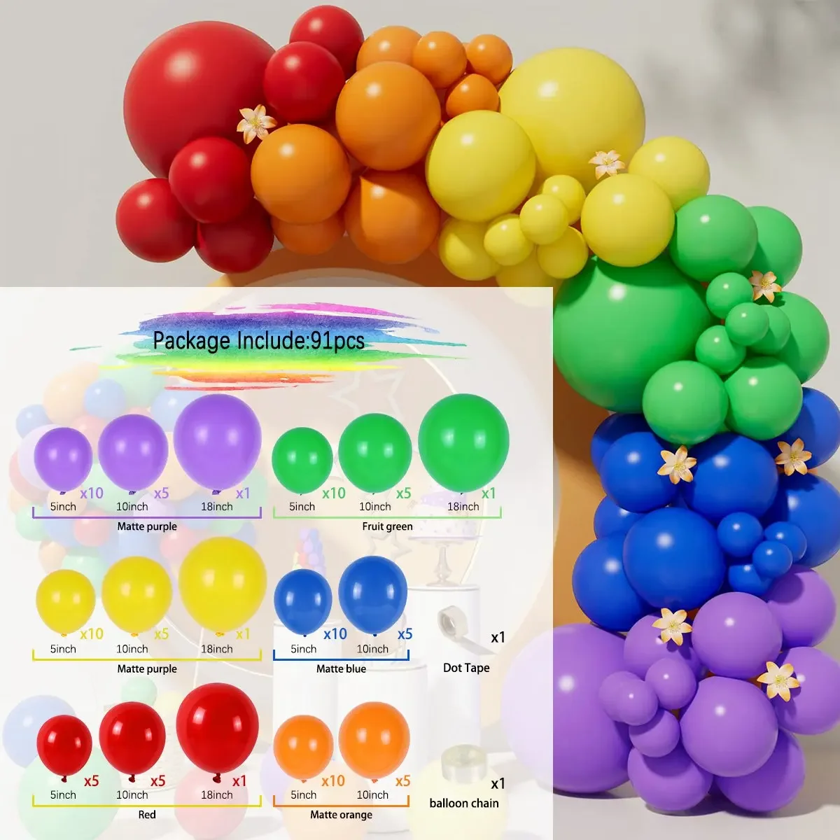 Buntes Regenbogen-Ballon-Girlanden-Set, mehrfarbige Latex-Ballons, Dekoration für Hochzeit, Geburtstag, Brautparty, Gastgeschenke, Party – Detail 9