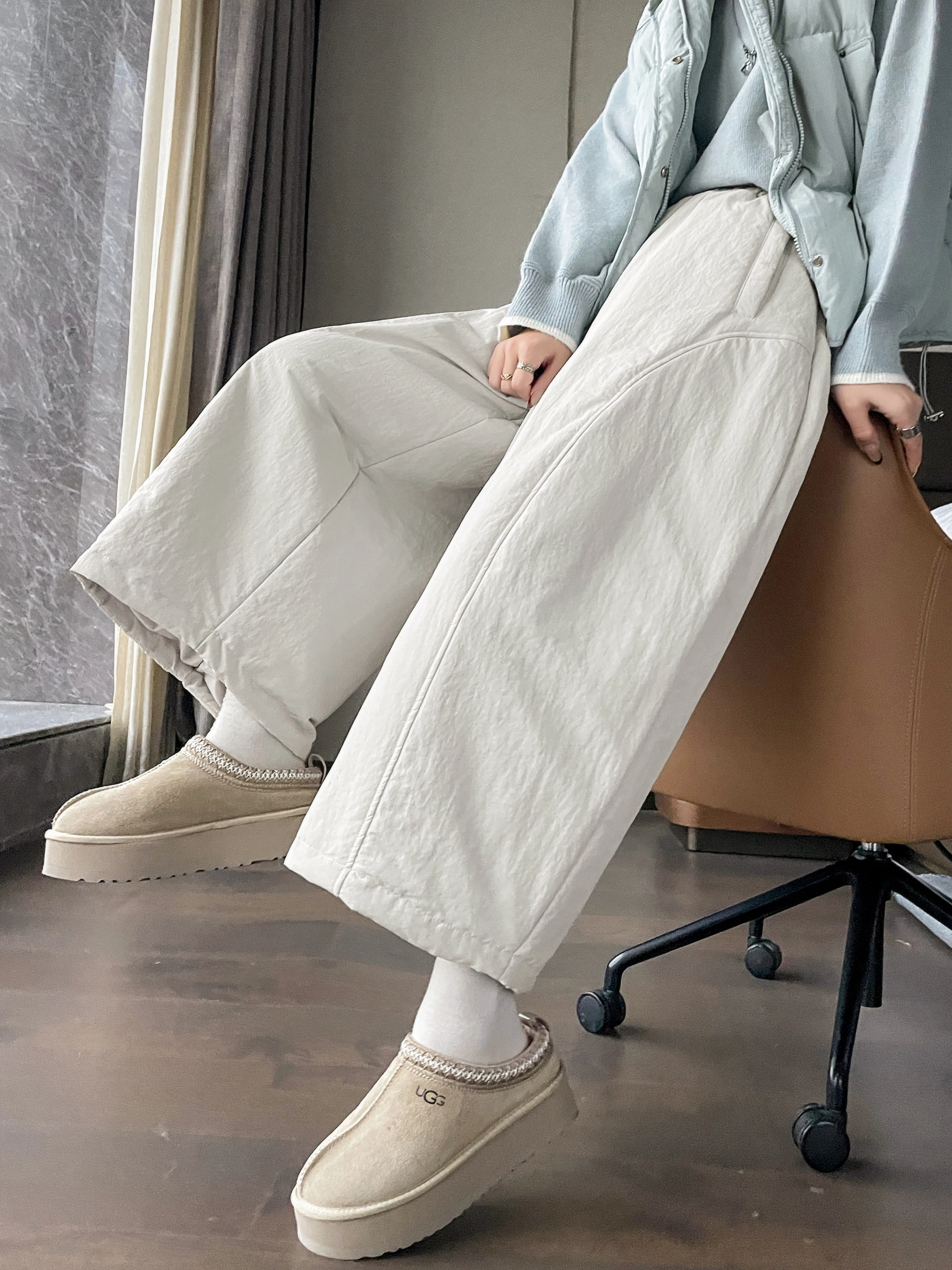 

Thiened Cotton Women's High Waist Elastic Waist Loose Leg Pants Winter Warm Casual Trousers Korean Sle Straight Cut Pants