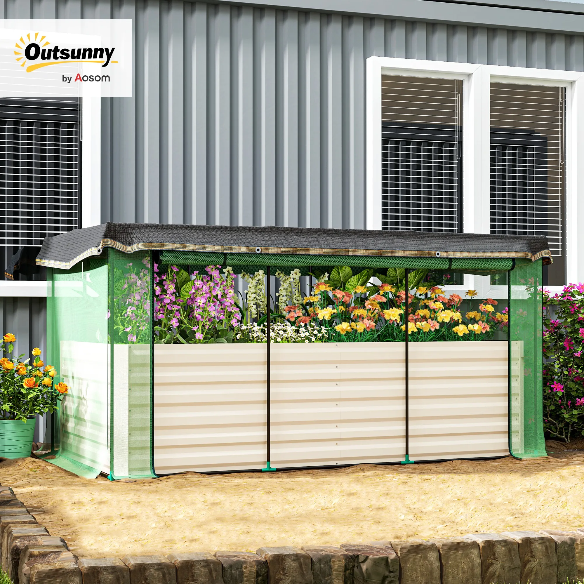 

Galvanized Raised Garden Bed with Crop Cage & Shade Cloth, Beige