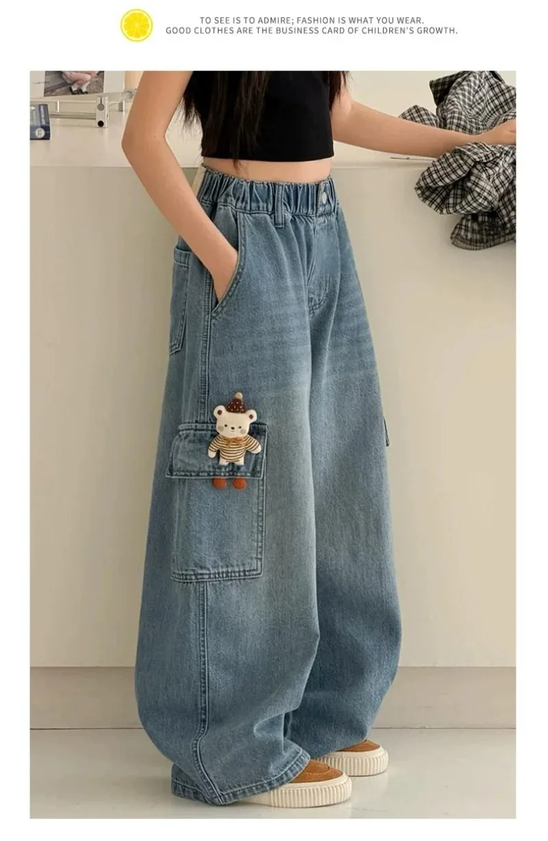 2026 UNITIM Herbst Kinder Mädchen Cargo-Hosen mit Puppendekor 4-14 Jahre Kinder Mädchen Jeans Lose Elastische Taille Junior Mädchen Weite Hosen – Detail 12