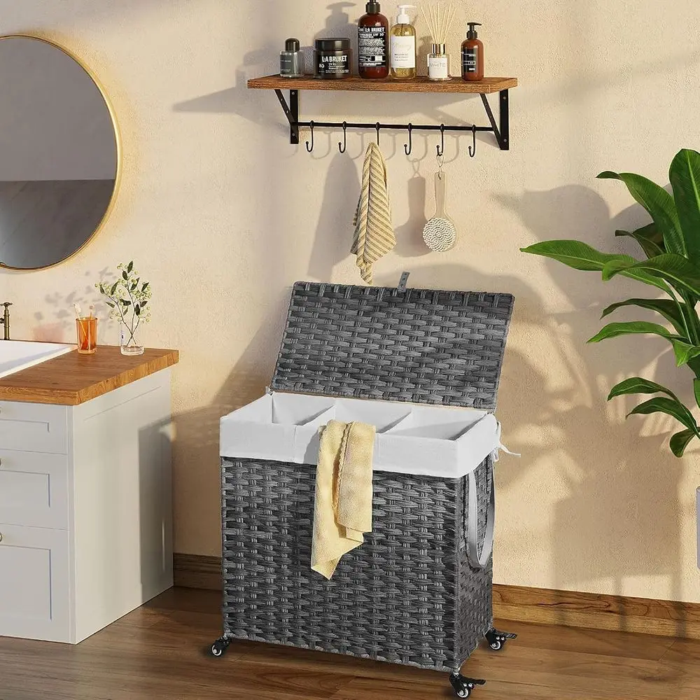 Laundry Hamper with Wheels&Lid, 130L Large 3 Sections Clothes Hamper with 2 Types Removable Liner Bags, 5 Mesh Laundry Bags, Han