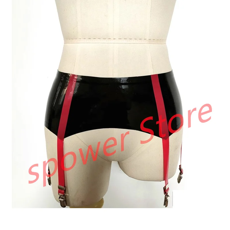 

Women Latex Garter Red with Black Trim Stocking Clip Panties Shorts Rubber Underwear