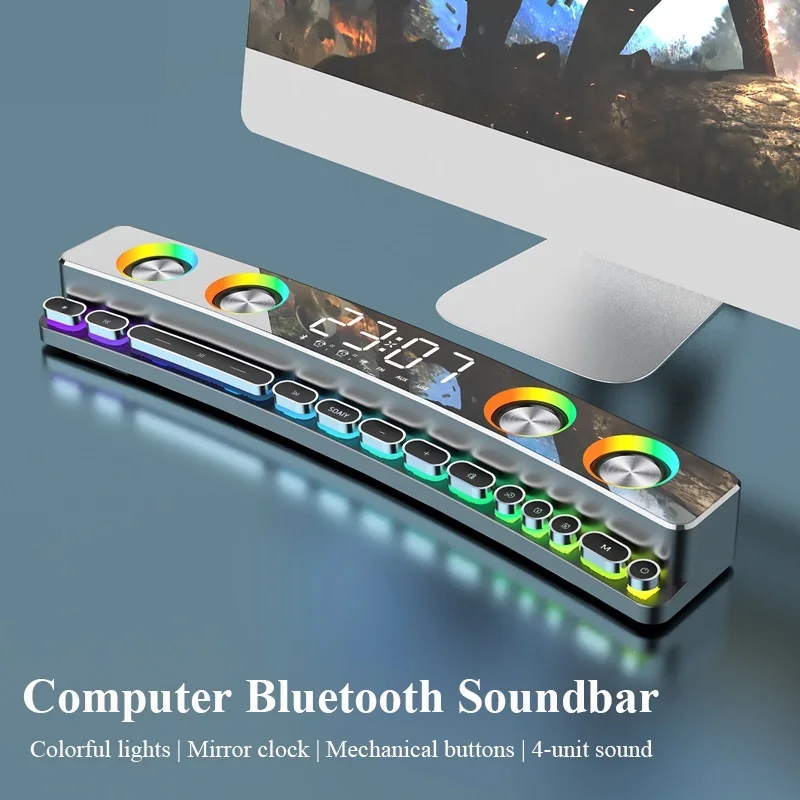 Top 3600mAh Bluetooth Wireless Game Speaker soundbar USB 3D Stereo Subwoofer AUX FM Home Clock Indoor Sound Bar Computer