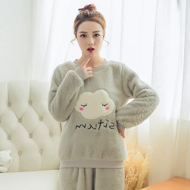 2024 Winter Long Sleeve Thick Warm Flannel Pajama Sets for Women Korean Cute Coral Velvet Pyjamas Homewear Clothes Pijama Mujer