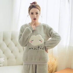 2024 Winter Long Sleeve Thick Warm Flannel Pajama Sets for Women Korean Cute Coral Velvet Pyjamas Homewear Clothes Pijama Mujer