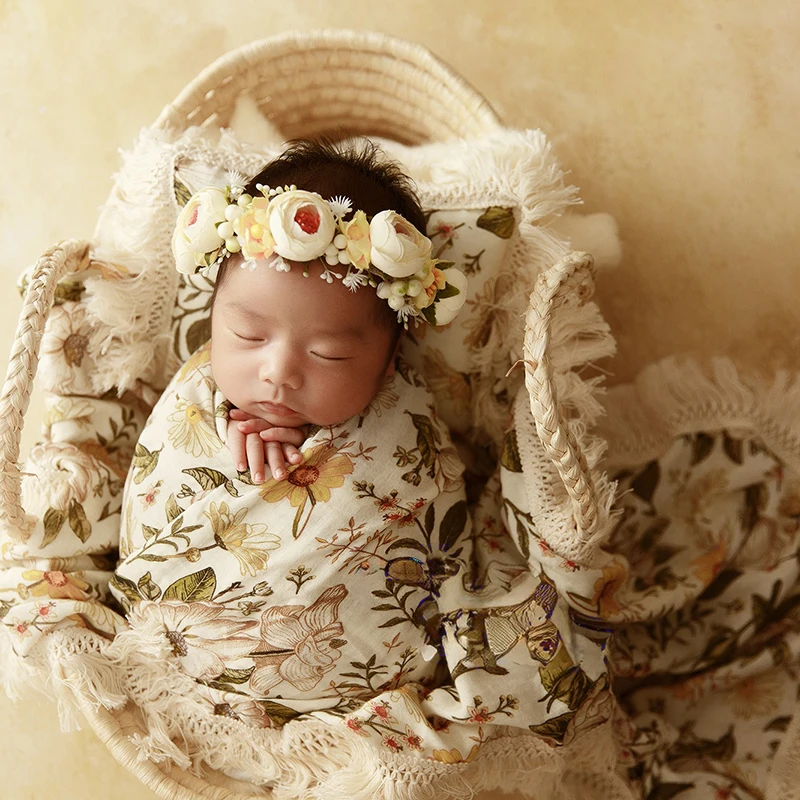 Baru lahir fotografi membungkus peregangan dicetak bungkus selimut bantal + boneka + keranjang Pose untuk alat peraga menembak Studio foto aksesoris