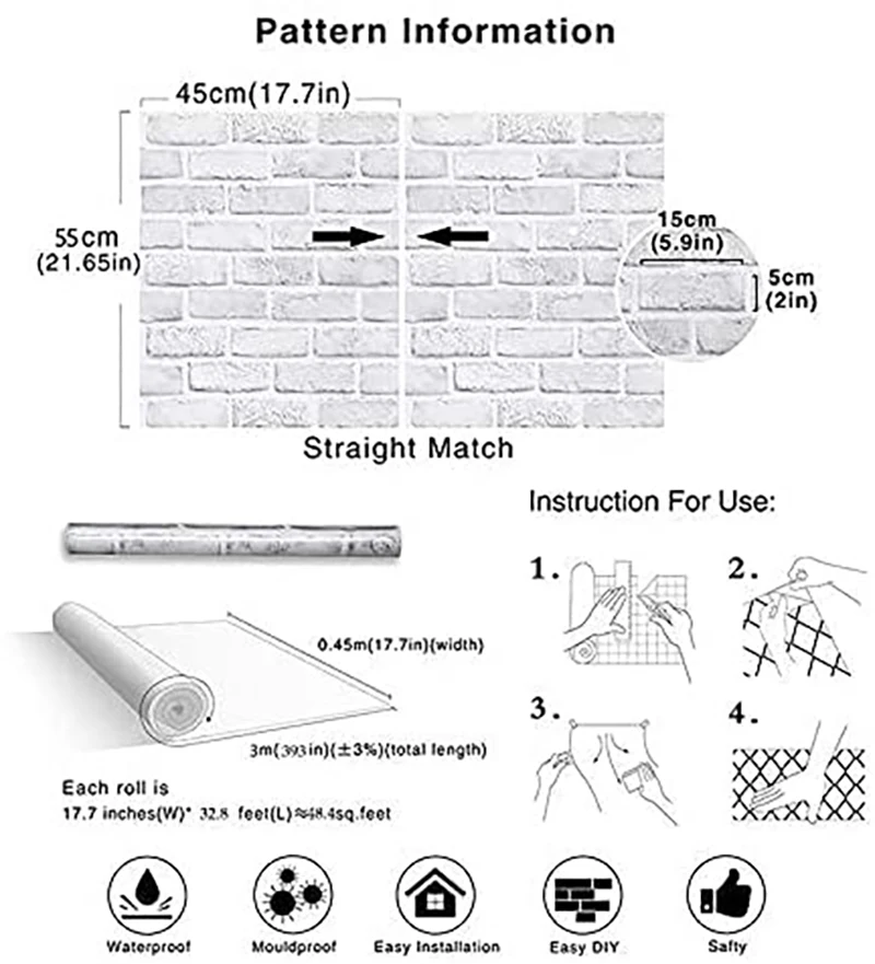 Gray White 3D Brick Contact Paper Self Adhesive Waterproof Wallpaper Roll Peel and Stick Wall Stickers Removable Vinyl Film