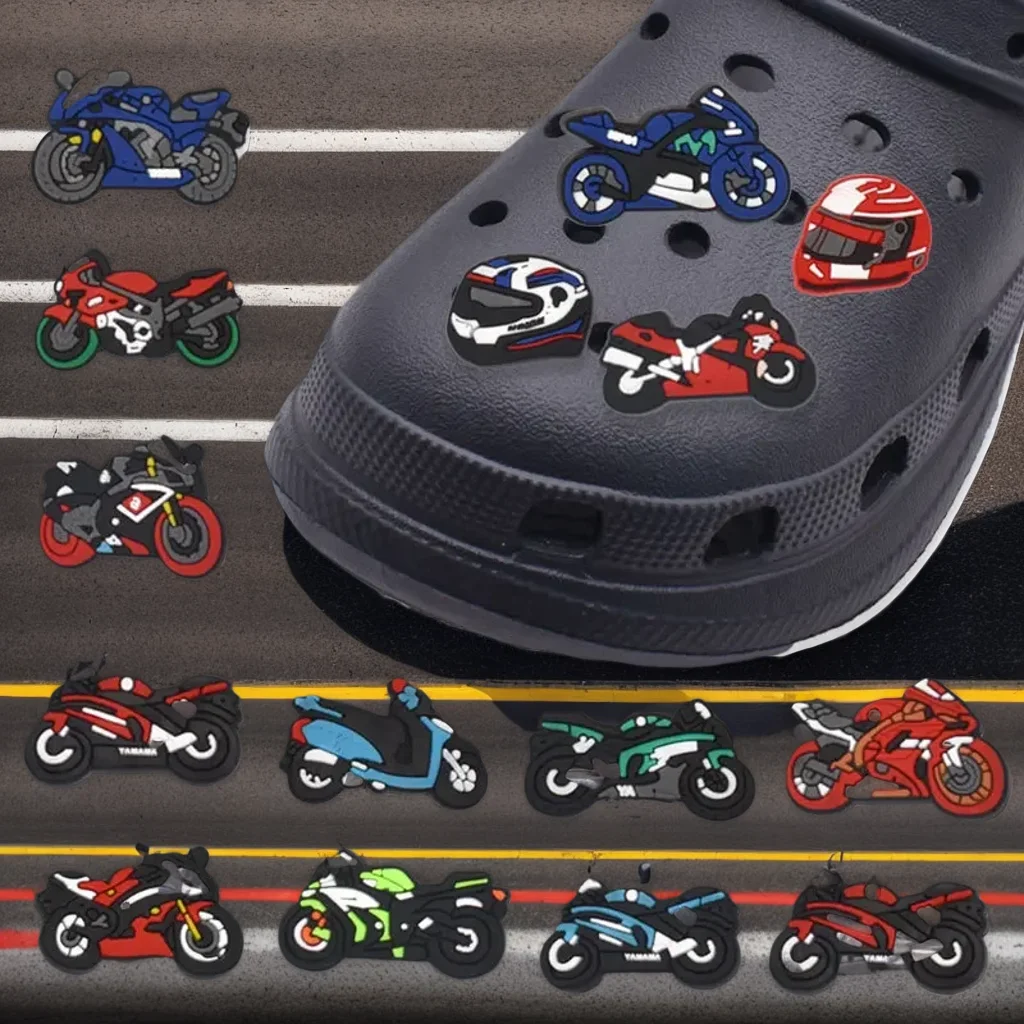 

Hot Sale 1-15pPcs Motorcycle Series Shoe Charm Helmet PVC Soft Shoe Charms for Boys Party Gifts Cool Graden Shoe Accessoires