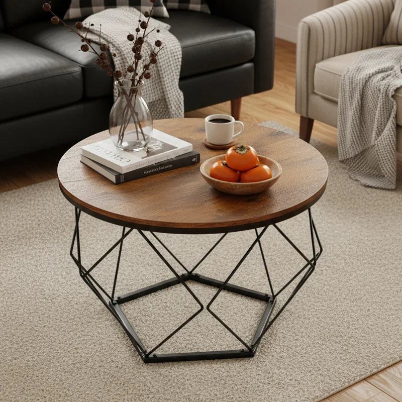 Nordic retro round coffee table wood Internet celebrity wrought iron creative modern small apartment