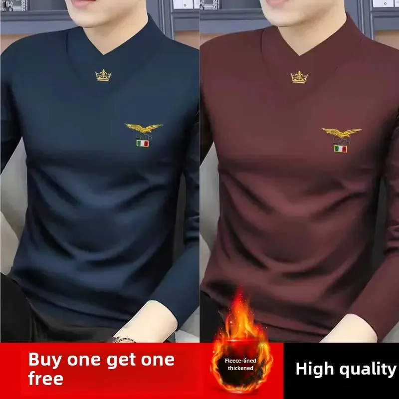 High-End Fashionable Men's Long Sleeve T-Shirt Thickened V-Neck Fleece-Lined Multicolor High Elasticity For Youth Middle-Aged