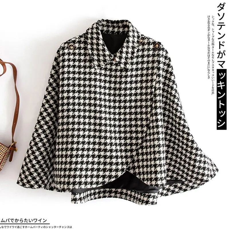 2025 autumn and winter commute Korean  lapel woolen jacket woolen cape loose and thin plaid shawl