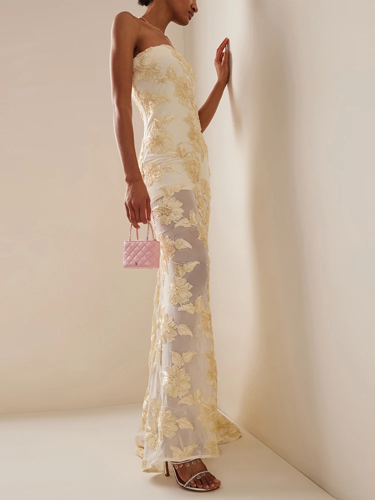 VC Summer New Sexy Lace 3D Flower Strapless Mermaid Maxi Dress Women Sleeveless Embroidered Floral Long Dress Elegant Dress