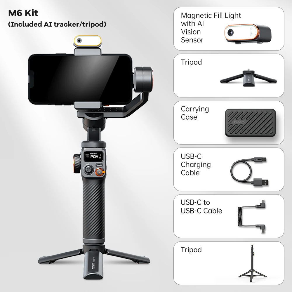 Hohem-iSteady M6 Kit Gimbal for Smartphone, 3-Axis Gimbal, AI