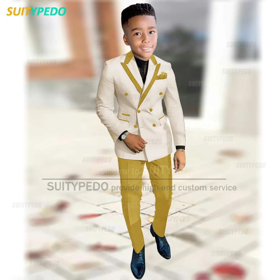 

High Quality Suit For Boys Piano Performance Formal Blazer Pants 2 Pieces Fashion Party Children Custom Beige Splicing Outfits