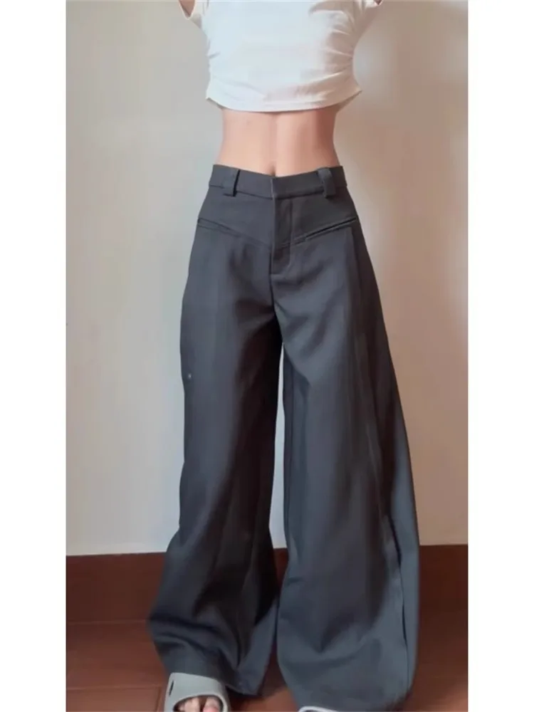 Loose Grey American Style Suit Pants for Women High Waist Straight Leg Floor Length Trousers Comfortable Relaxing Fit view 3