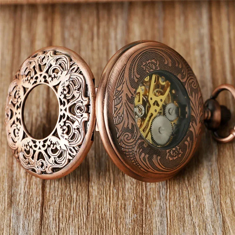 Clássico rosa ouro relógio de bolso esqueleto mão enrolamento relógio mecânico escultura flor design pingente corrente número romano dial presente
