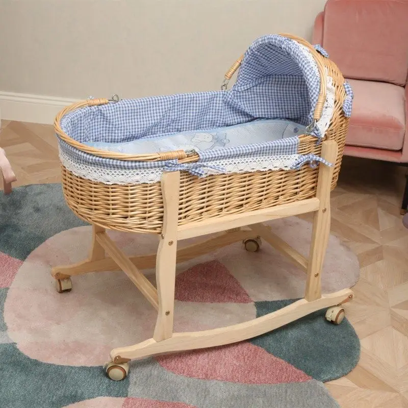 Woven New Upgrade Wooden Portable Baby Cradle Bed with Roller Baby Rocker 360 Degree Rotating Wheel Newborn Baby Crib 0-24M