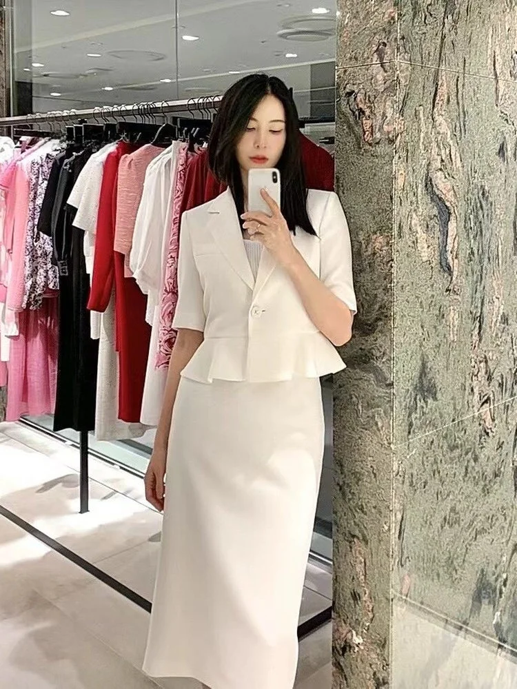 

Elegant Korean Style Short Sleeve Dress And Blouse Set High Waist Adult Women's Fashion Spring Summer Work Party Date Outfit