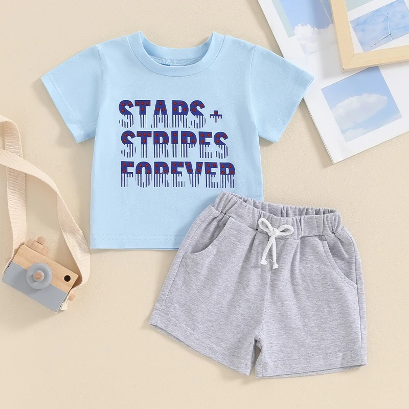 

2024-02-22 Lioraitiin 0-3Y Toddler Boys 4th of July Outfits Letter Print Short Sleeve T-Shirts Tops and Shorts 2Pcs Clothes Set