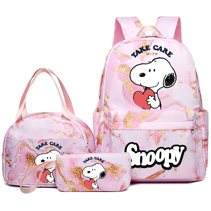 New Snoopy cartoon elementary school backpack three piece set cute lunch bag pencilcase backpack lightweight andreducing burden