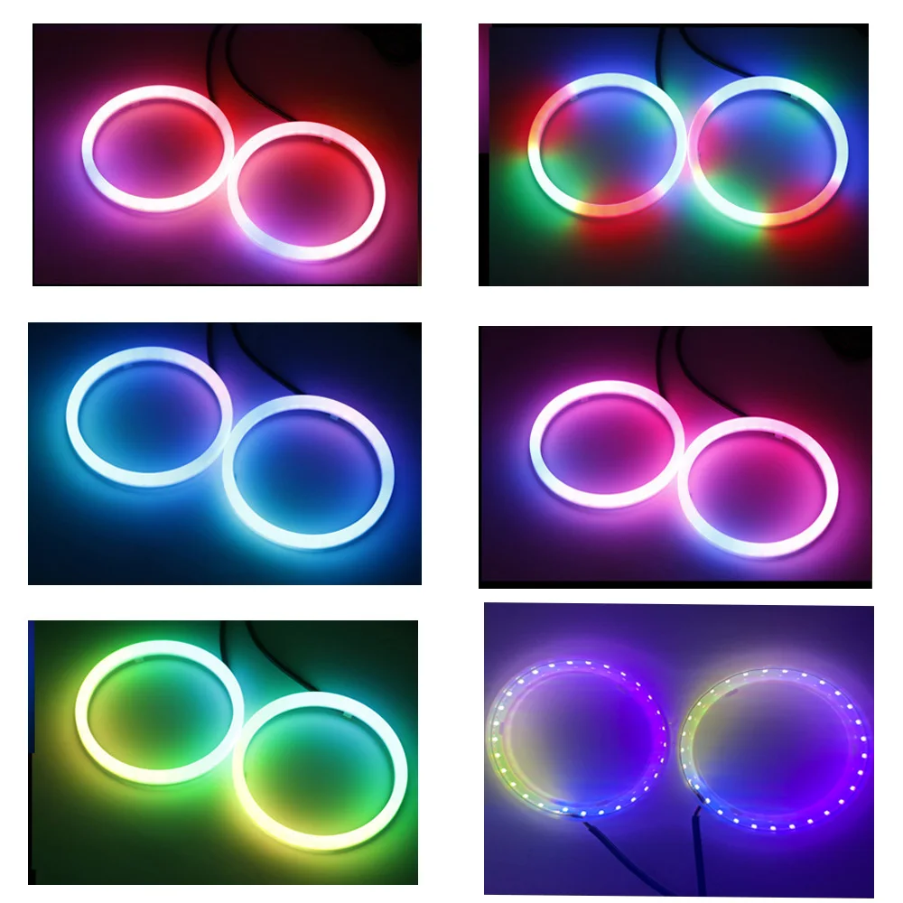 2PCS RGB Angel Eye LED Luci di marcia diurna per fari con controllo APP Multi-colore sincronizzato alla musica per veicoli 60MM-120