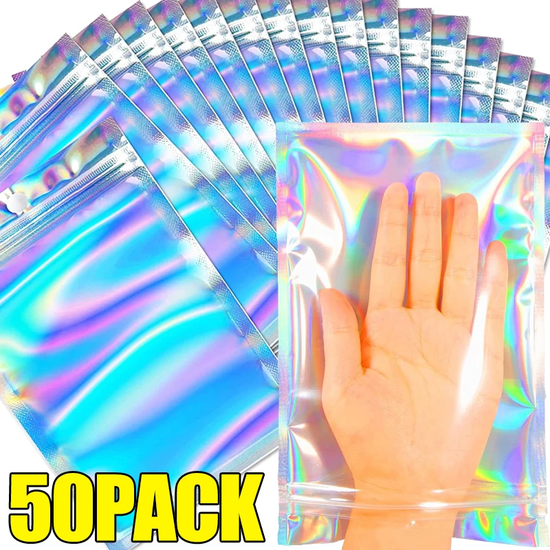 Holographic Packaging Bags Envelopes Resealable Smell Proof Pouch Foil Bags for Food Jewelry Necklace Cosmetic Gift Storage