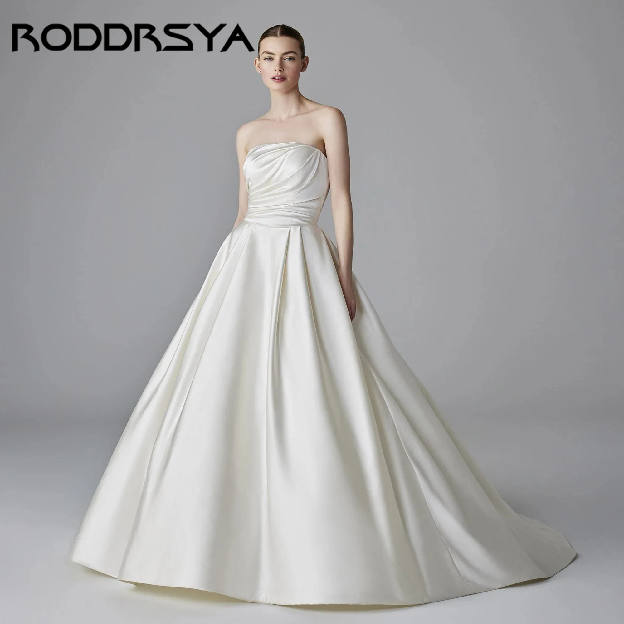 

Elegant Strapless Ballgown Wedding Dresses For Woman A-Line Sleeveless Backless Bride Gowns Satin Vestidos De Novia Customized